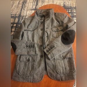 Herringbone Wool-Blend Military Style Jacket with Elbow Patches